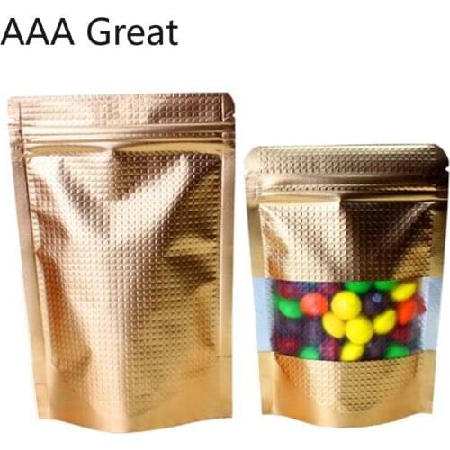 50Pcs/Lot Stand Up Gold Aluminum Foil Zip Lock Bag Window Metallic Plastic Packaging Pouches for Food Tea Candy Cookie