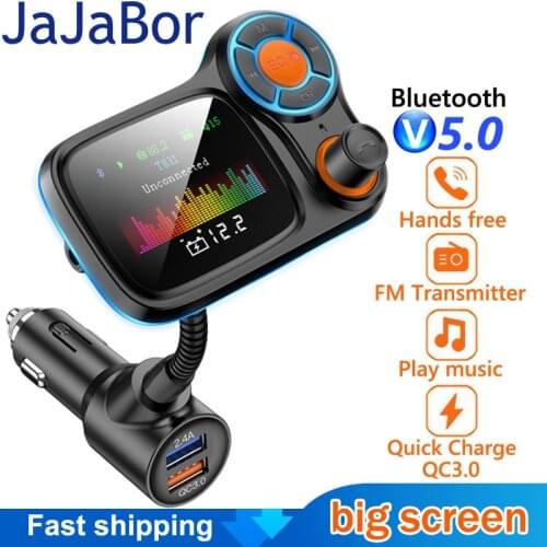 JaJaBor Bluetooth 5.0 Car Kit Handsfree FM Transmitter AUX Audio Receiver Car MP3 Player QC3.0 Quick Charge with LED Light