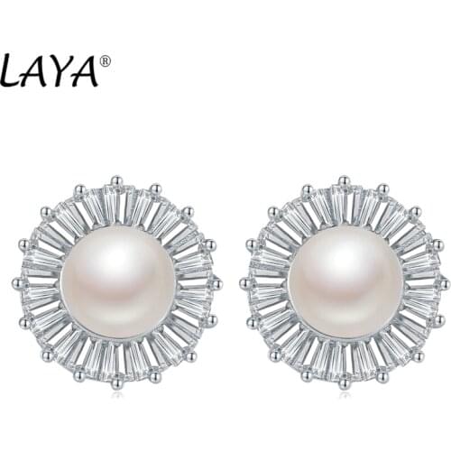Laya Natural Freshwater Pearl Earrings For Women Pure 925 Sterling Silver Shiny White Cubic Zirconia Stud Earrings Fine Jewelry