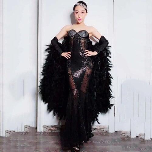 Flashing Black Rhinestone Feather Sleeves See Through Nightclub Women Singer Dance Mesh Prom Birthday Party Dresses DJ1019