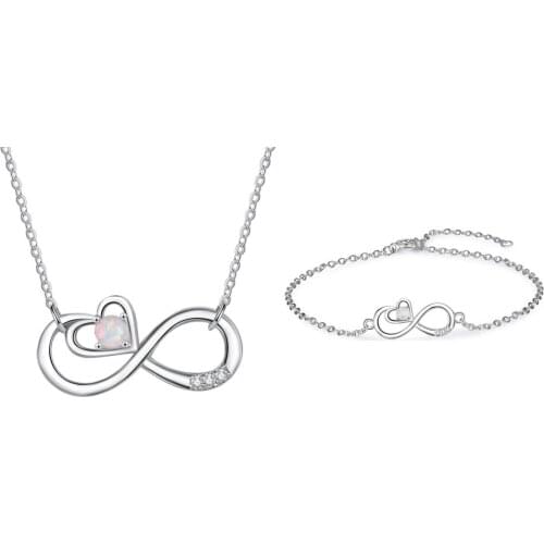 Infinity Love Heart 925 Sterling Silver Opal Necklaces Adjustable Chain Bracelets for Women Wedding Bridal Jewelry Sets