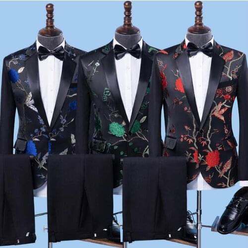 Black 2020 new arrival fashion slim men printing suit set with pants mens embroidery suits wedding groom formal dress suit +pant