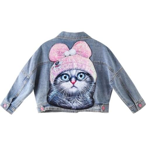 Kids Denim Jacket for Girls New Clothing 2021 Spring Fashion Cute Cat Sequins Outerwear Children Autumn Girl Denim Coat 3-12Y