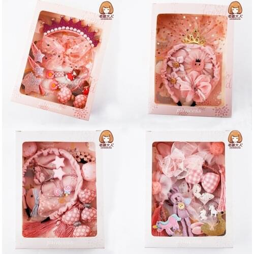 Childrens Crown Headband Hair Accessories Gift Box Suit Birthday Gift Pink Floral Bow for Women Hair Ring Hair Rope