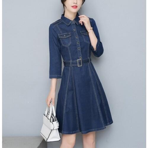 Elegant Jeans Dresses Women 2019 Autumn A-line High Waist Slim Fashion Vintage Waistband Denim Dress Female Plus Size
