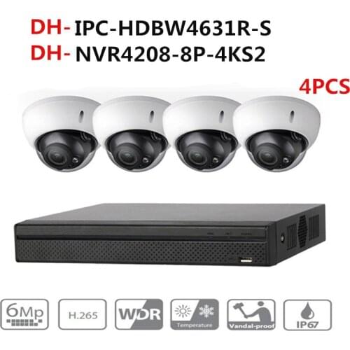 Dahua CCTV Camera Security System Kit 4Pcs 6MP IR IP Camera IPC-HDBW4631R-S & 8POE 4K NVR NVR4208-8P-4KS2 video surveillance