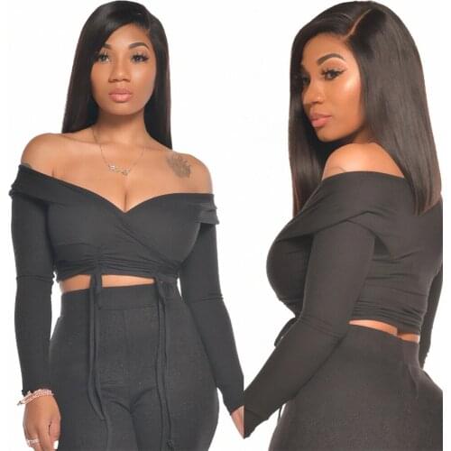 69Y9043 Autumn Winter Women Solid Sexy Navel Deep V-neck Bandage Two Piece Set Top and Flare Pants Tracksuit Sweatsuit Outfits