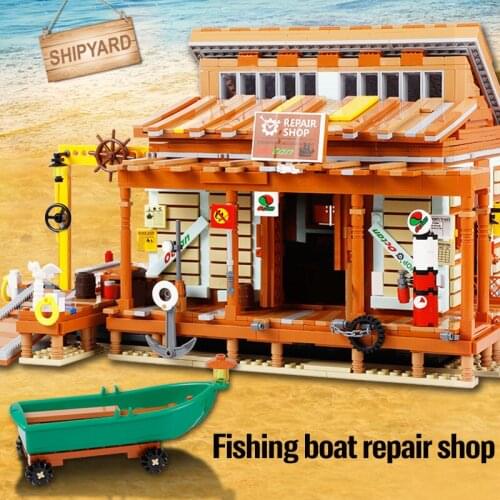 City Street View Building Block Model Creator Seaside Fishing Boat Repair Shop Toys Building Children Birthday Gift For Children