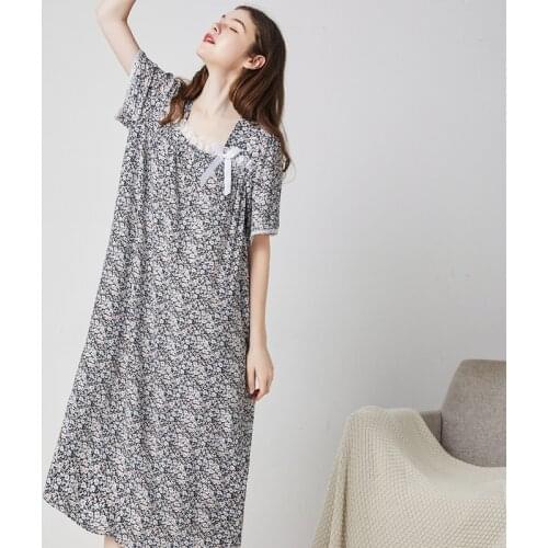 Summer Ladies Short-sleeved Nightgowns Lace Floral Extended Sleeping Dress Square Collar Womens Sleepwear Plus Size Sleepshirts