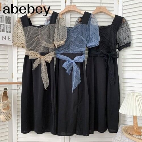 Fashion Square collar puff sleeve Dress high waist lace up bow mesh patchwork mid-length A-line Dress 2021 New Summer