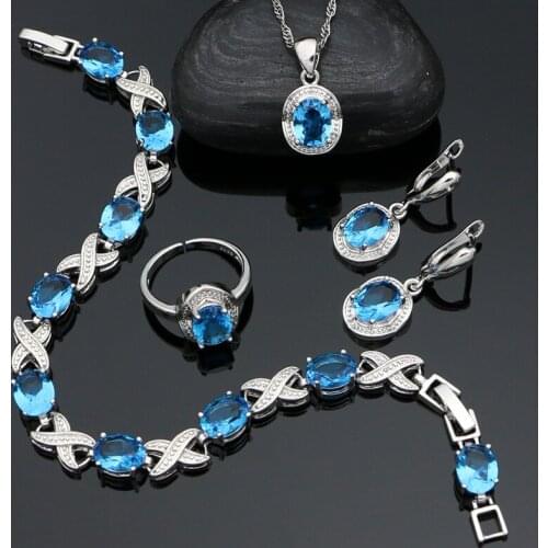 925 Sterling Silver Bridal Ring Earrings Chain Pendant Bracelet Sky Blue Stone Egg-shaped Jewelry Set for Girls
