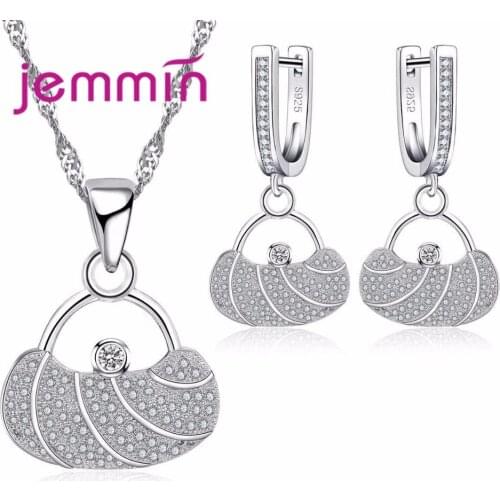 New Fashion 925 Silver Jewelry Sets White CZ Stones Paved Bag Design Necklace Earrings Set For Women Dress Accessories
