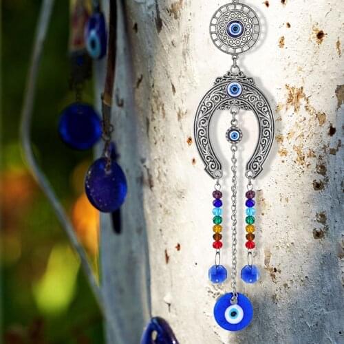 H&D Hanging Crystal Horseshoe Suncatcher with Blue Evil Eye Charm Chakra Glass Beads Pendant For Home Protection Decoration Gift