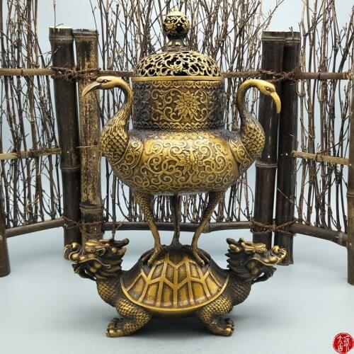 Rare Old QingDyansty copper gold Dragon turtle crane censer,best collection&adornment