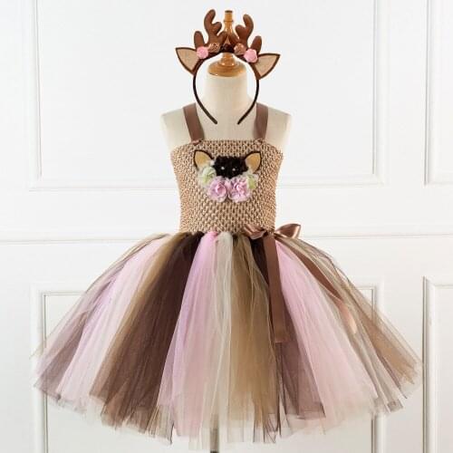 2020 Christmas Children Dress Cartoon Elk Flower Princess Girls Tutu Dress with Headband Christmas Toddler Baby Girls Clothes