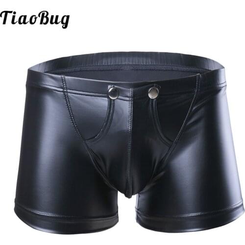 TiaoBug Sexy Men Lingerie Faux Leather Shorts Underpants Underwear Press Button With Bulge Pouch