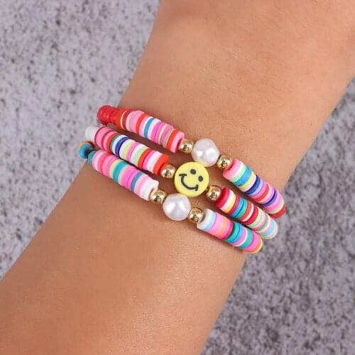 Boho Handmade Jewelry Smiley Face Charm Bracelets Polymer Clay Colorful Beaded Pearl Bracelet For Women Friends Gift 2021 New