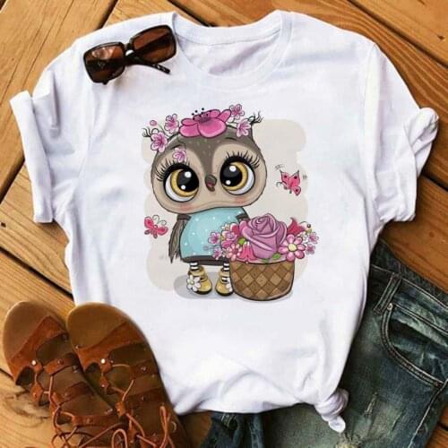 Summer Cute Owl T-shirt Cartoon Animal Print Ladies T-shirt Short Sleeve Casual White Harajuku Kawaii Graphic T-shirt Female Top