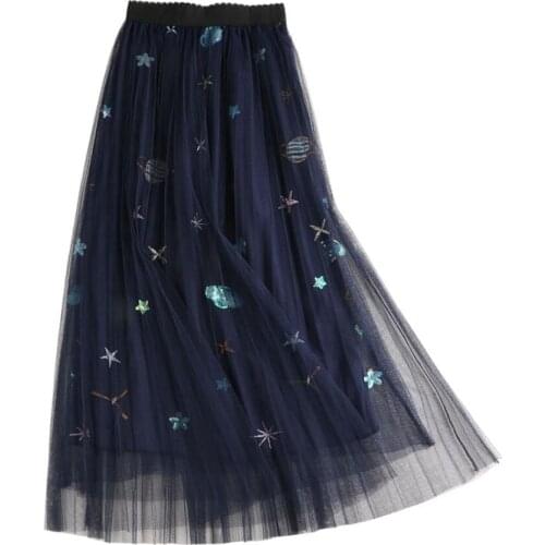 2021 spring new fashion high waist mesh embroidery skirt women flower planet pleated skirt skirt