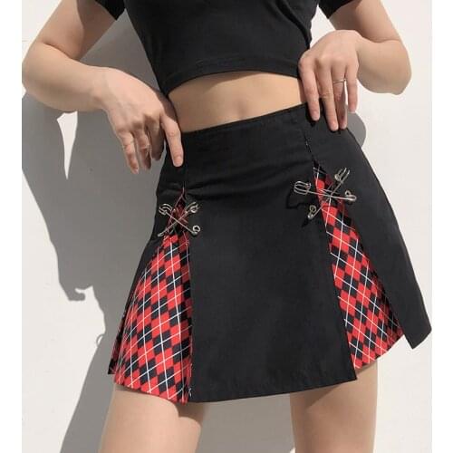 Harajuku Y2k Black High Waist EGirl Sexy Mini Skirt Vintage Goth Dark Plaid Print A-Line Skirts Women Pin Patchwork Gothic Skirt