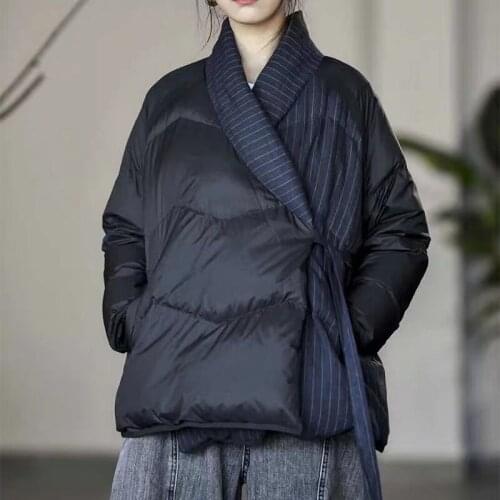 Womens Chinese Style Winter Tie-up Duck Down Jacket V-neck Retro Warm Coat Stripe Patchwork Bread Outerwear Ladies Thick Clothes