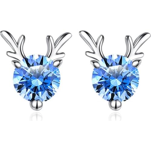 White Blue Pink Cute Little Deer Zircon Glitter 925 Sterling Silver Stud Earrings For Women Trendy Bling Reindeer Jewelry