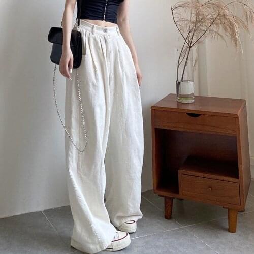 Women Summer Corduroy Pants Ladies Button High Waist Straight Loose Wide-leg Trousers Casual Retro Mopping Drape Trousers