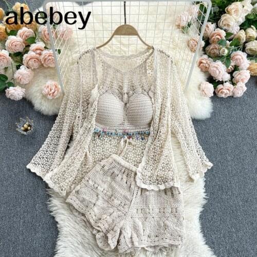 Women 2021 summer lace Suit Sexy Backless Strap Top+short Sleeve Cardigan+High Waist Short Pants Three Piece Set