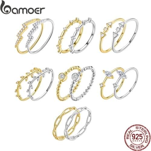 Bamoer 925 Sterling Silver Gold Meteor Ring Arrow Stars Rings for Women Orbit Crystal Leaves Lock Chain Mixed Stackable Jewelry