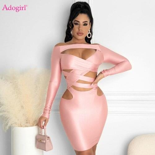Adogirl Criss Cross Hollow Out Bodycon Mini Dress Women Seexy Slash Neck Long Sleeeve Sheath Midnight Party Club Wear Outfits