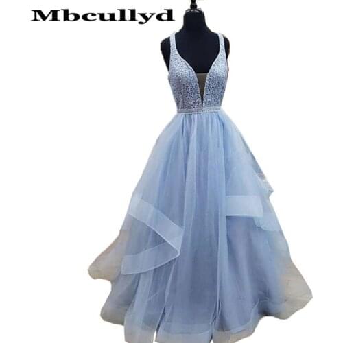 Mbcullyd Light Blue Prom Dresses 2020 Sheer Lace Appliques Long Floor Length Evening Dress Party For Women vestidos de fiesta