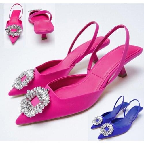 2021 Fashion Pointed Toe Sandals Women Summer Luxury Crystal Slingback Slippers High Heels Ladies Elegant Pumps Shoes Sandales