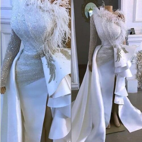 2020 Arabic Aso Ebi Sparkly Sexy Cheap Evening Dress One Shoulder Crystals Feather Prom Dresses Asymmetrical Formal Party Gowns