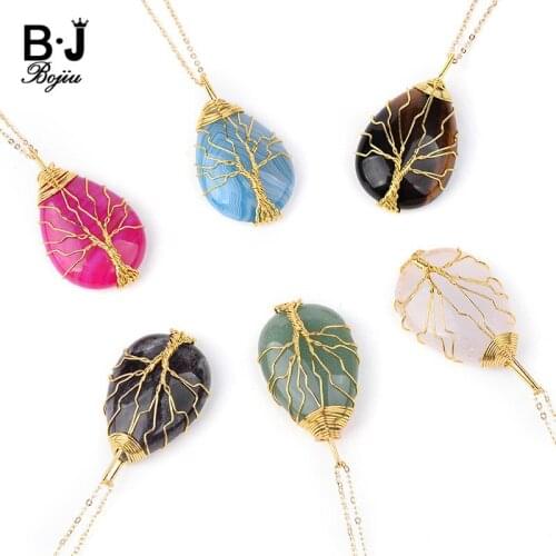BOJIU Gold Long Natural Stone Necklaces Pendants Women Trendy Tiger Eye Quartz Ag. Stone Chain Necklace Lady Girl Jewelry NKS203