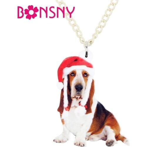 Bonsny Acrylic Christmas Hat Basset Hound Dog Necklace Pendant Chain Choker Animal Jewelry For Women Girls Teens Gift Accessory