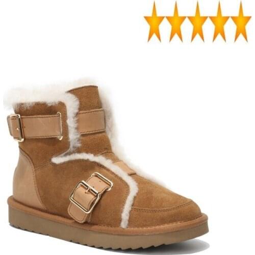 Ankle Flat Fashion Boot Sheepskin Womens Motorcycle Genuine Leather Reflective Round Toe Natural wool Warm Snow Boots