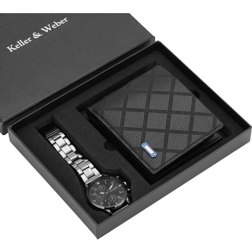 Men Watches Stainless Steel Band Men Quartz Wrist Watch Business Style Clock Leather Wallet Gift Set For Boyfriend Dad Husband