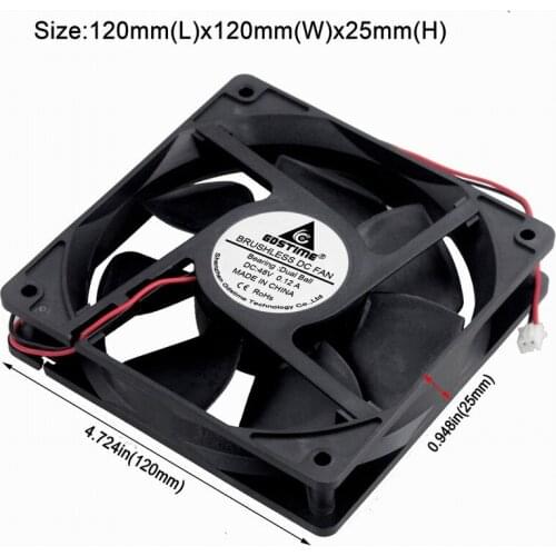 2Pieces Gdstime DC 48V Dual Ball 0.12A 12cm 120mm x 25mm Brushless Machine Case Cooler 120*120*25mm Cooling Fan 120MM