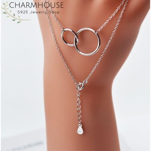 Pure Silver 925 Necklaces For Women Fashion Jewelry White Gold GP Double Circle Pendant & Necklace Collier Femme Choker Bijoux