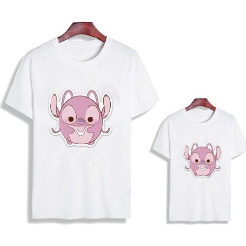 Lilo Stitch Cartoon Kawaii Kids T Shirt Summer Short Sleeve White O-neck Family Matching Outfits Harajuku Family Outfits