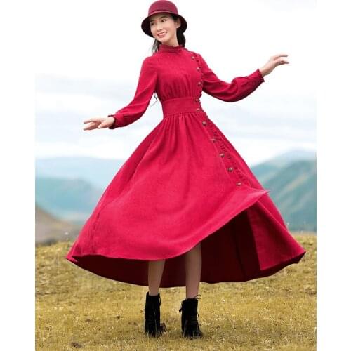 Foxi artistic wine red high collar waist Slimming style dress dress 2020 new womens dress