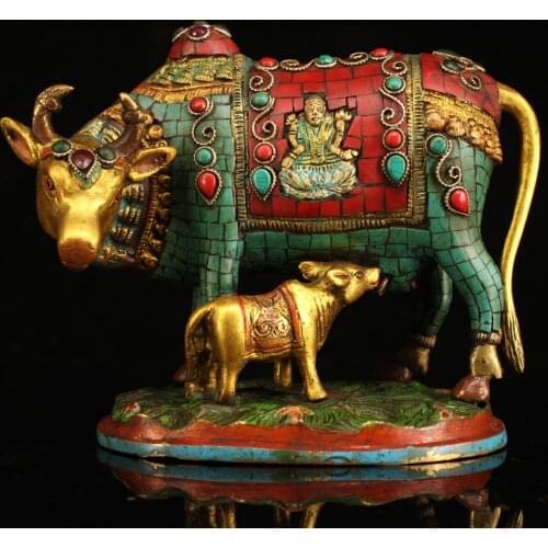 9"Tibet Temple Collection Old Bronze mosaic Gem outline in gold Cow statue Cow Ornaments Mother and child Town House Exorcism