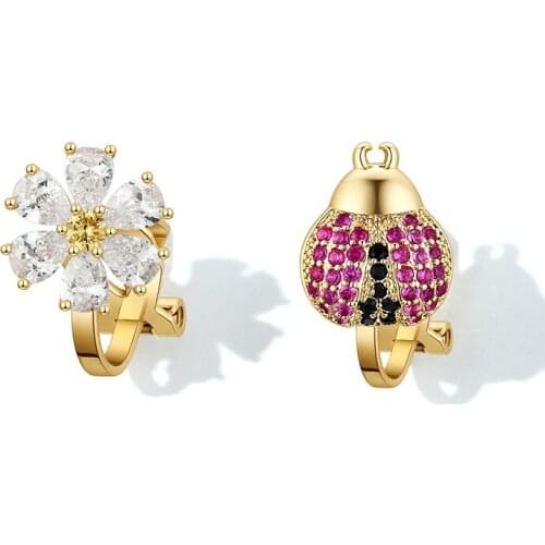 New Clip Earrings No Need Piercing for Girls Party Jewellery High Quality Asymmetry Flower and Beetle Design Women Bijoux Gift