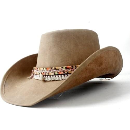 2019 Women Men Unisex Vintage Wide Brim Leather Cowboy Cowgirl Western Hat With Tassel Braid Leather Band