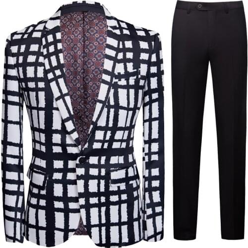 Mens Old Black And White Printed Suit Men Slim Fit Suit Set Blazers Singer Costume Casual Night Party Bar Suit