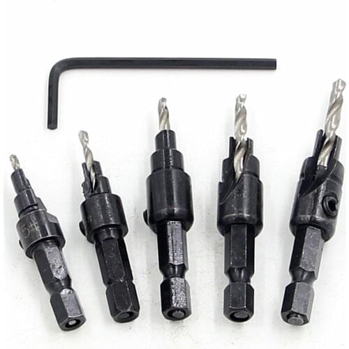 5pcs HSS Countersink Drill Bit Set 1/4" Hex Shank Quick Change Taper Drill for Woodworking Carpentry Reamer Chamfer Milling