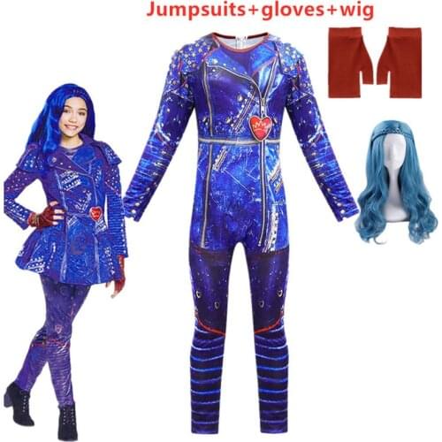 New Kids Mal Bertha Maleficent Long Live Evil Straight Purple kids Cosplay Wig + Jumpsuits halloween costume for kids
