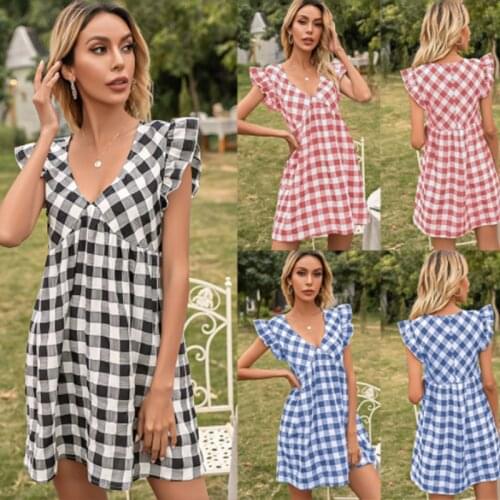 Womens Plaid Flying Sleeves V-Neck Waist Dress Women Fashion A-Line Loose High Waist Female Dress Femme Robe 2021 Summer New