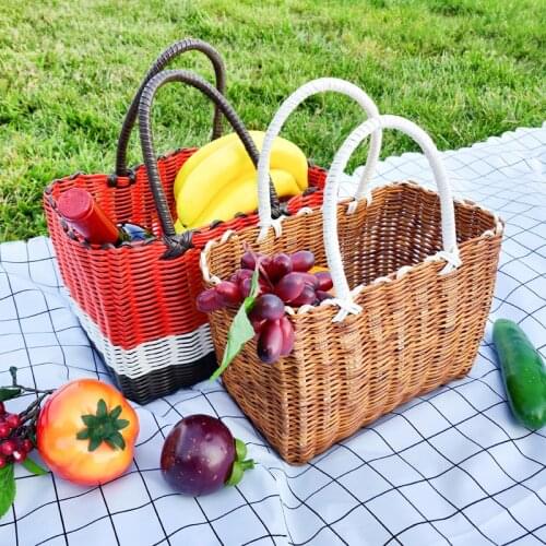 Wicker Storage Basket Camping Picnic Organizer Wine Fruit Flower Shopping with Handle Foldable Storage Basket Kitchen Home Decor