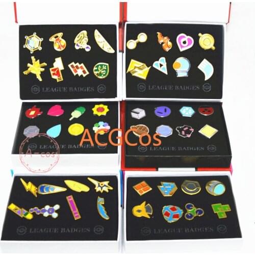 Pokemone Gym Badges Kanto Johto Hoenn Sinnoh Unova Kalos League Region Orange Islands Pins Brooches Box Set Pocket Monster